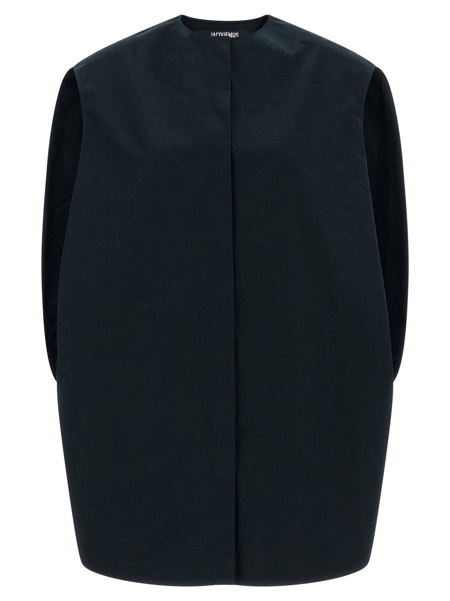 Jacquemus Berlingot Blue Cotton Poplin Mini Dress For Women With Back Cape And Crew Neck