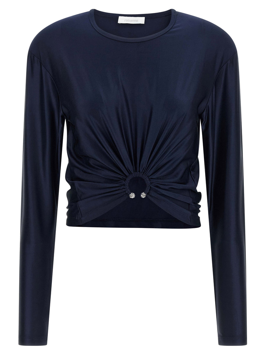 Paco Rabanne Piercing Detail Top Blue Satin Crop For Women With Crystal Front Accent