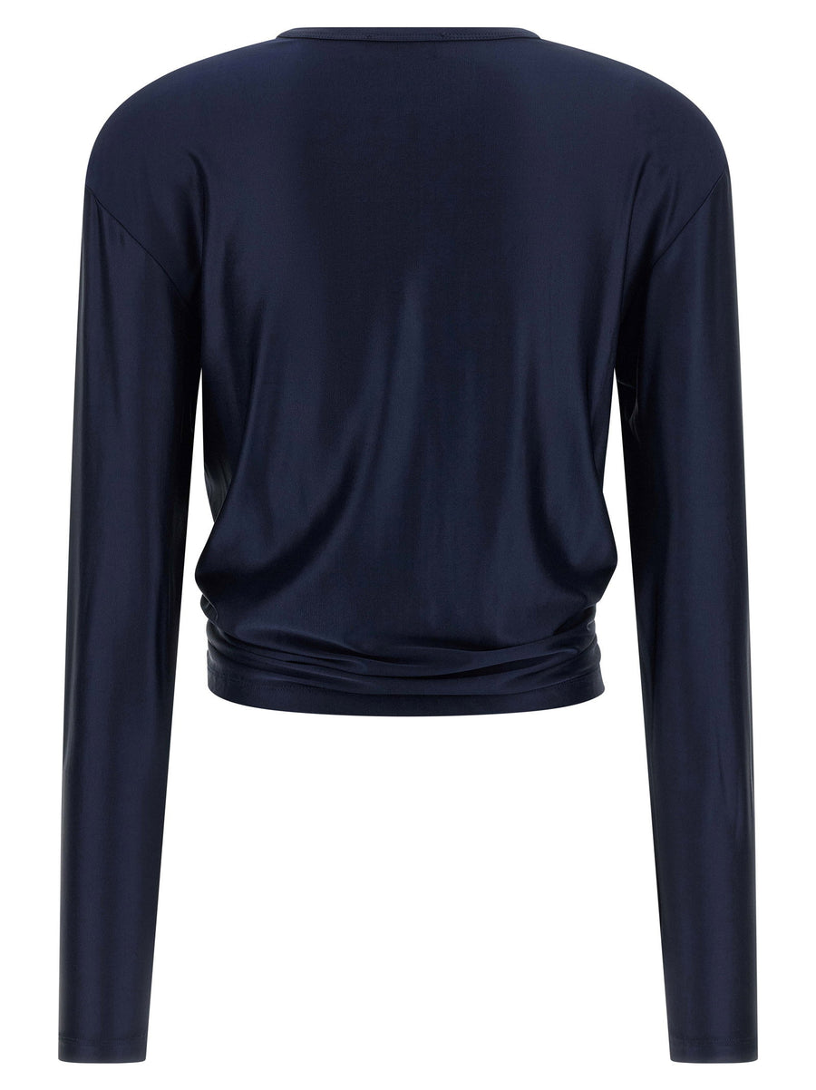 Paco Rabanne Piercing Detail Top Blue Satin Crop For Women With Crystal Front Accent