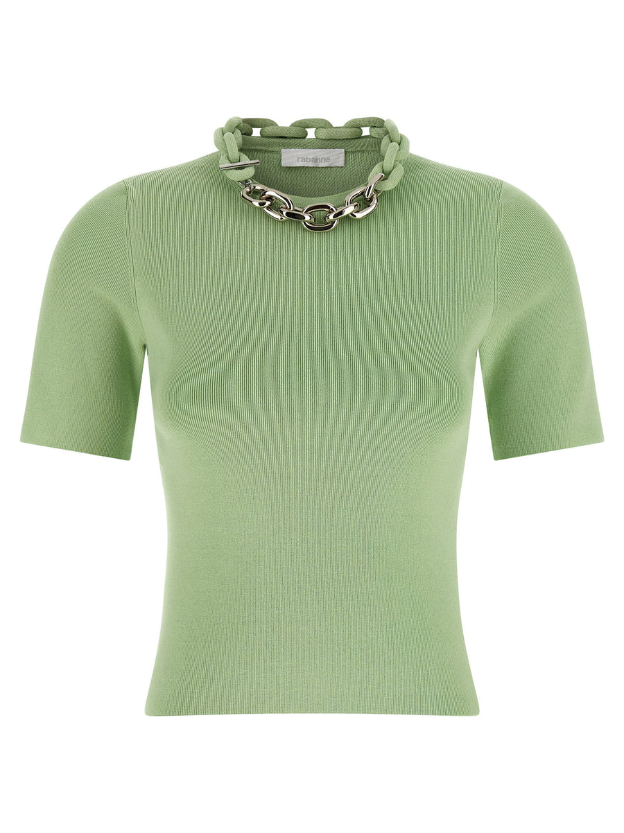 Paco Rabanne Green Chain T Shirt With Metal Fabric Chain Detail For Women Luxurious Chic Topwear