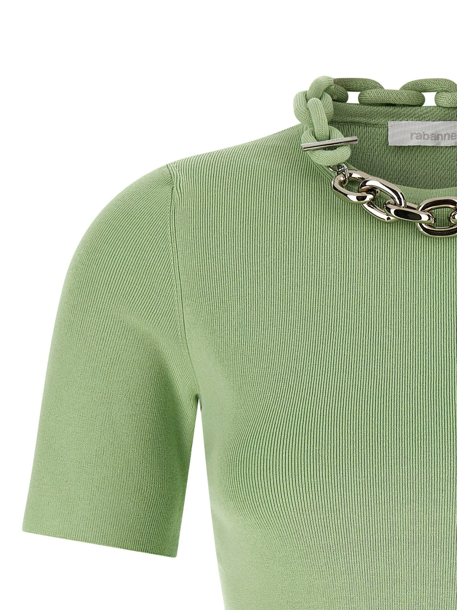 Paco Rabanne Green Chain T Shirt With Metal Fabric Chain Detail For Women Luxurious Chic Topwear