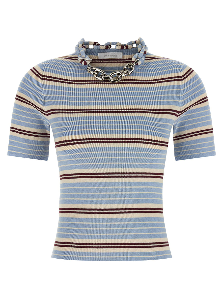 Paco Rabanne Chain T Shirt Crewneck Light Blue Cotton Elastane Top For Women With Fashion Forward Chain Detail