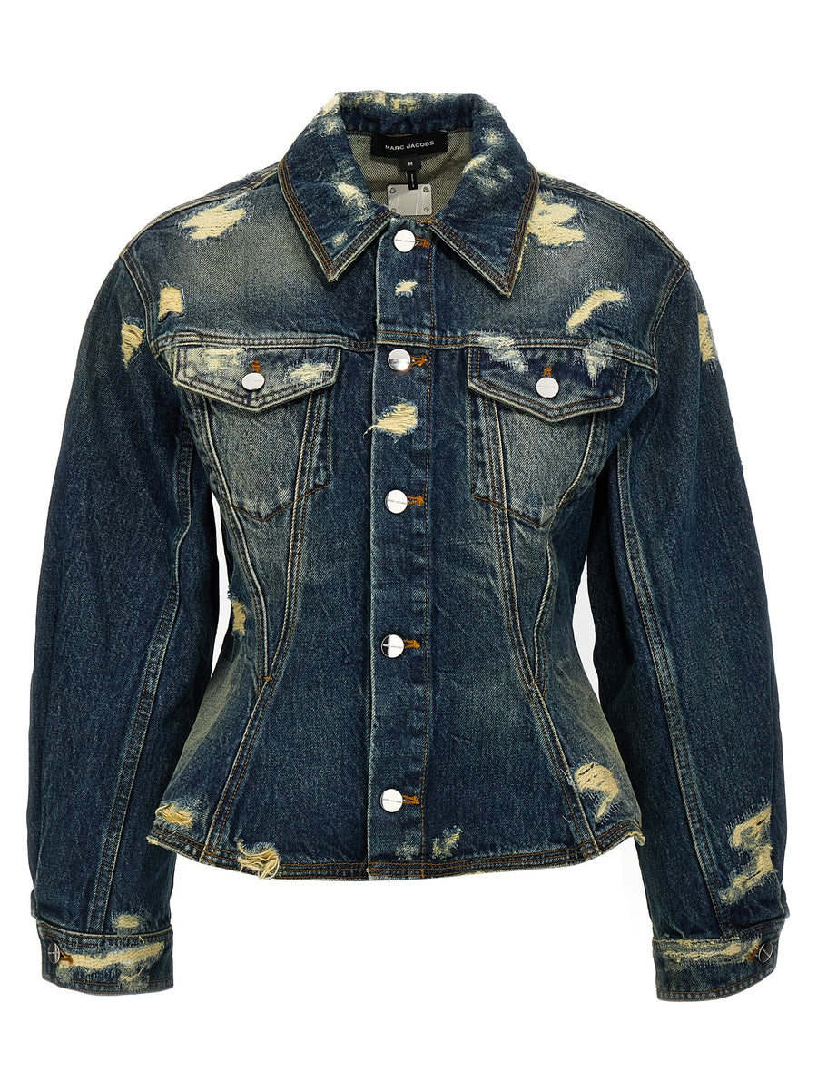 Marc Jacobs Rip And Repair Fluted Denim Jacket For Women Luxury Blue 100 Percent Cotton Narrow Waist Flared Hem