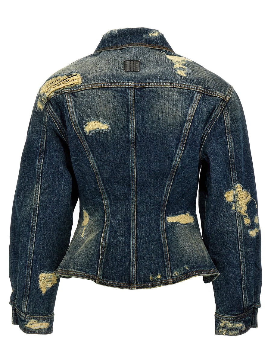 Marc Jacobs Rip And Repair Fluted Denim Jacket For Women Luxury Blue 100 Percent Cotton Narrow Waist Flared Hem