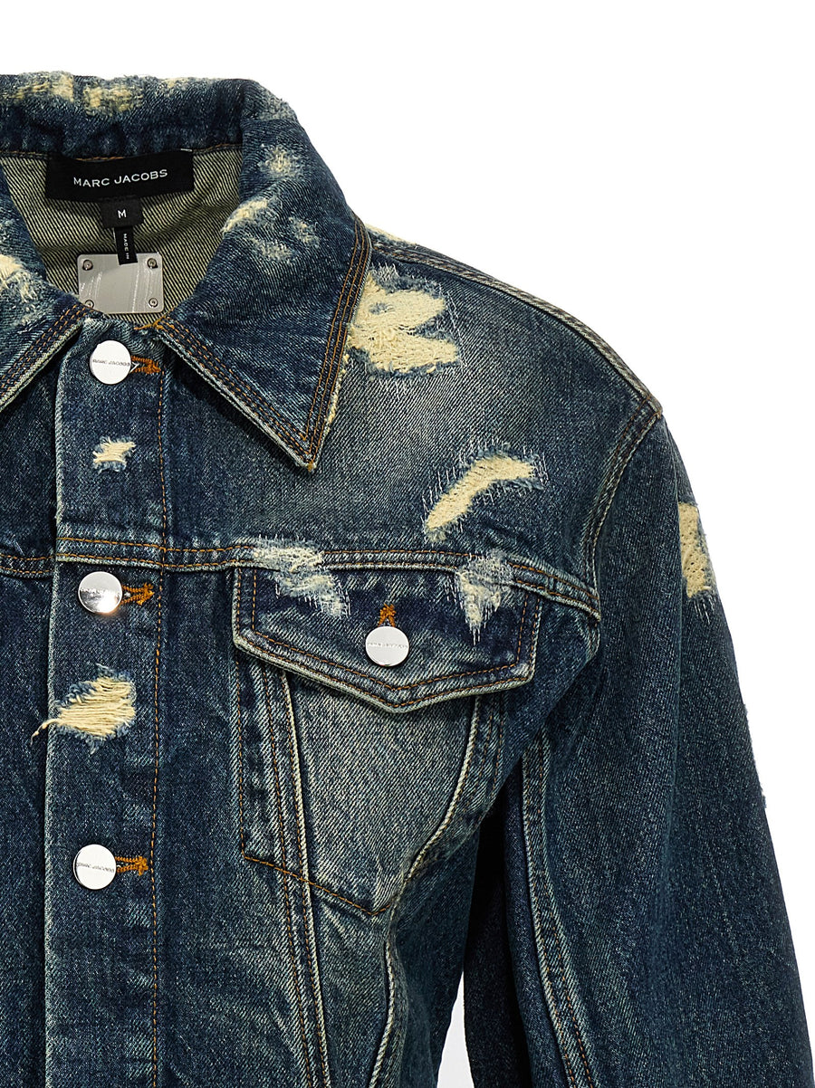 Marc Jacobs Rip And Repair Fluted Denim Jacket For Women Luxury Blue 100 Percent Cotton Narrow Waist Flared Hem
