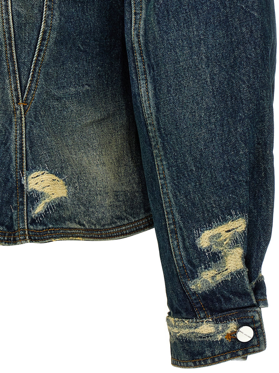 Marc Jacobs Rip And Repair Fluted Denim Jacket For Women Luxury Blue 100 Percent Cotton Narrow Waist Flared Hem