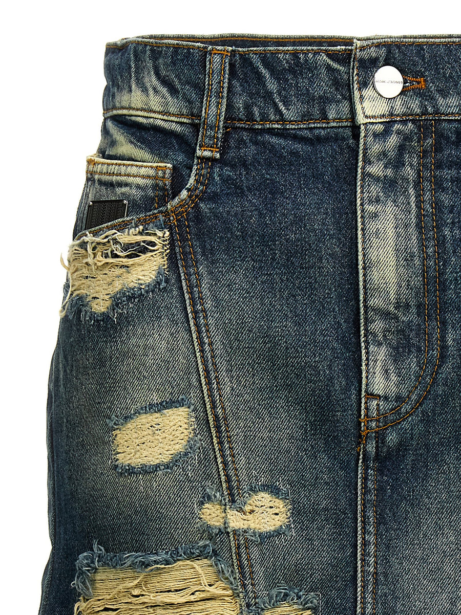 Marc Jacobs Rip And Repair Straight Jean Skirt For Women Designer Edgy Blue Denim 100 Percent Cotton