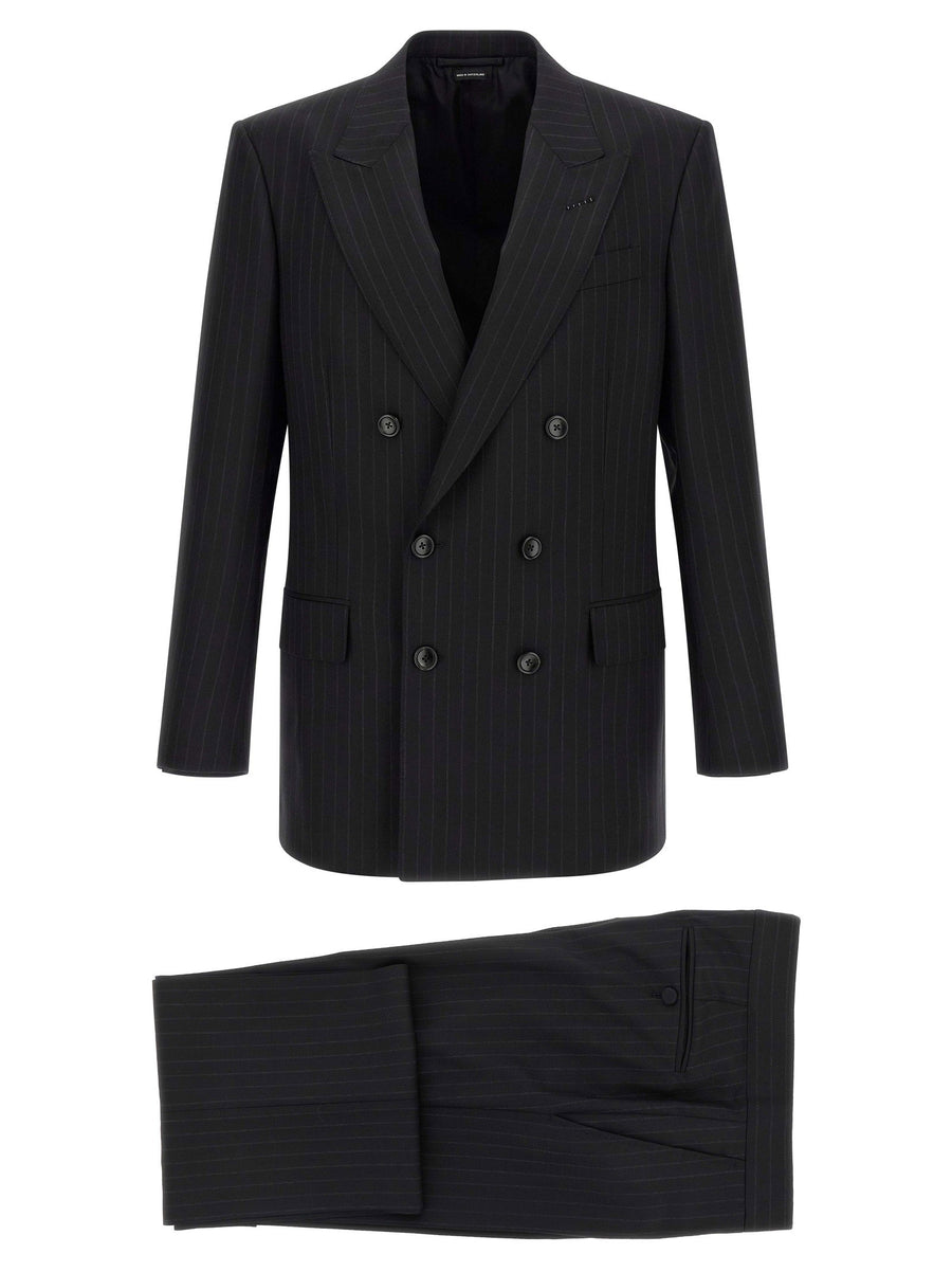 Tom Ford Pinstriped Black Double Breasted Wool Blend Suit For Women True To Size