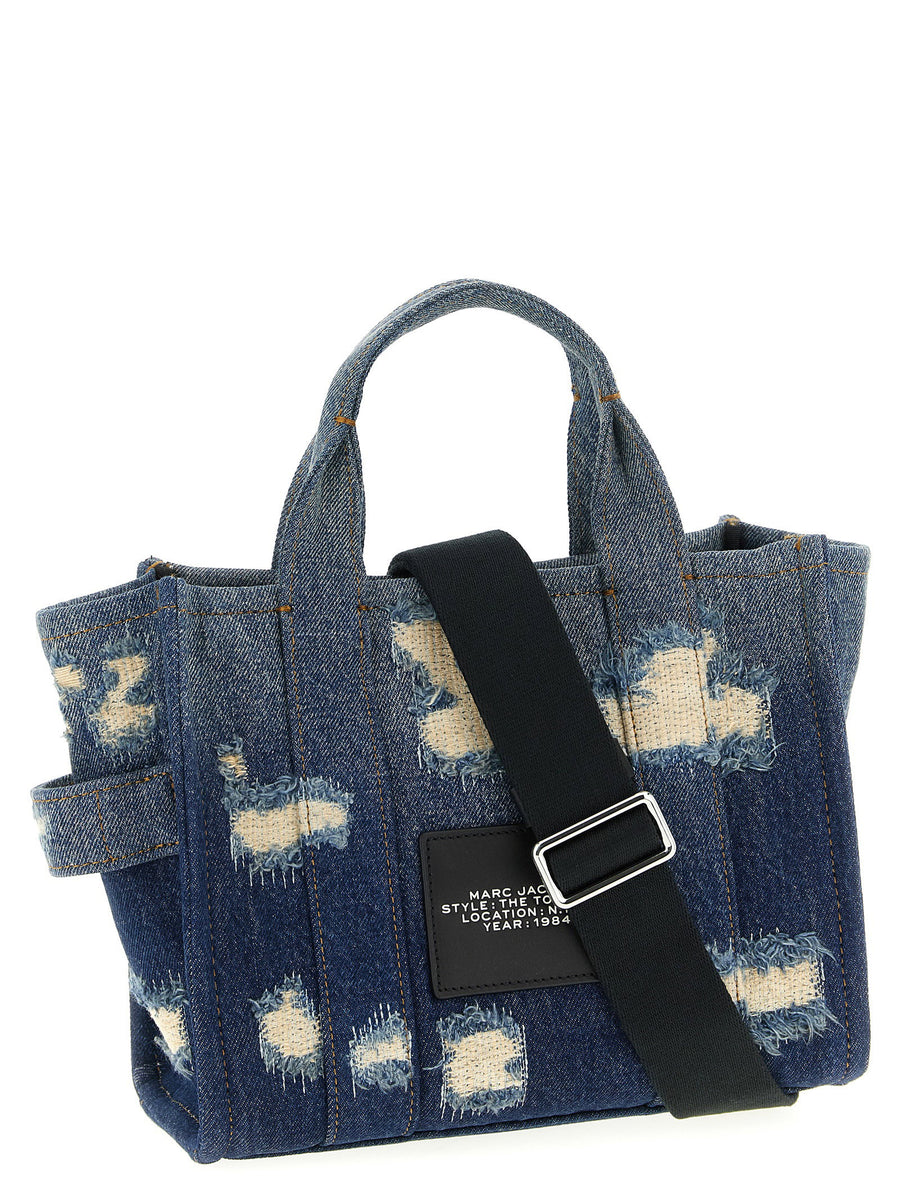 Marc Jacobs Rip and Repair Denim Small Tote Shopper Bag for Women with Patchwork Detailing and Top Zip