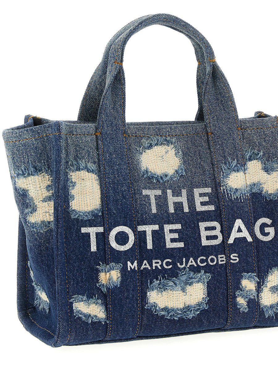 Marc Jacobs Rip and Repair Denim Small Tote Shopper Bag for Women with Patchwork Detailing and Top Zip