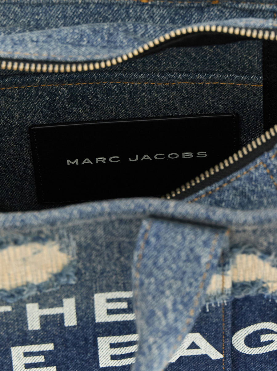 Marc Jacobs Rip and Repair Denim Small Tote Shopper Bag for Women with Patchwork Detailing and Top Zip