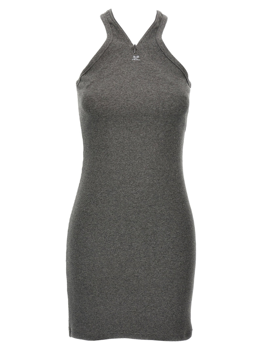 Courreges Criss Cross 90s Mini Dress Gray Ribbed Cotton Sleeveless Versatile For Women Day To Night