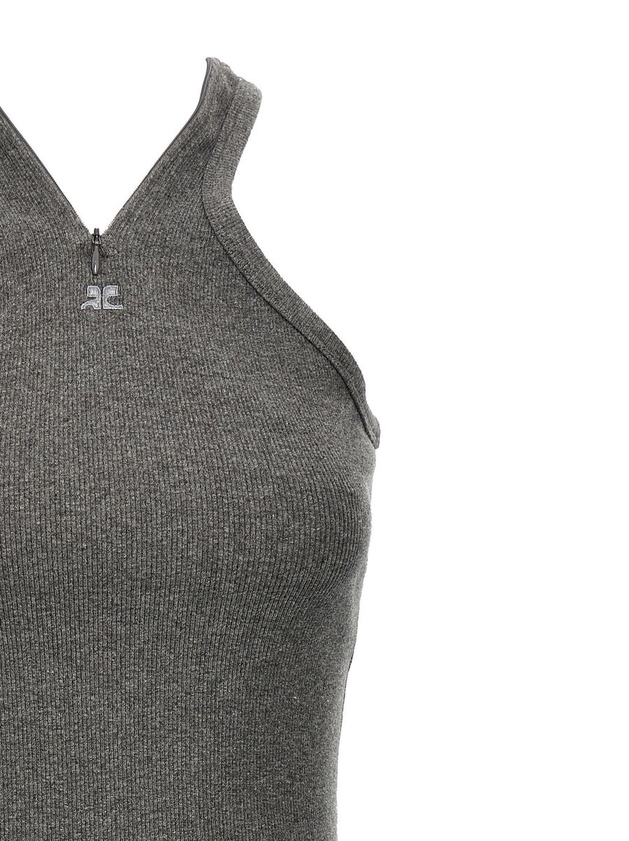 Courreges Criss Cross 90s Mini Dress Gray Ribbed Cotton Sleeveless Versatile For Women Day To Night