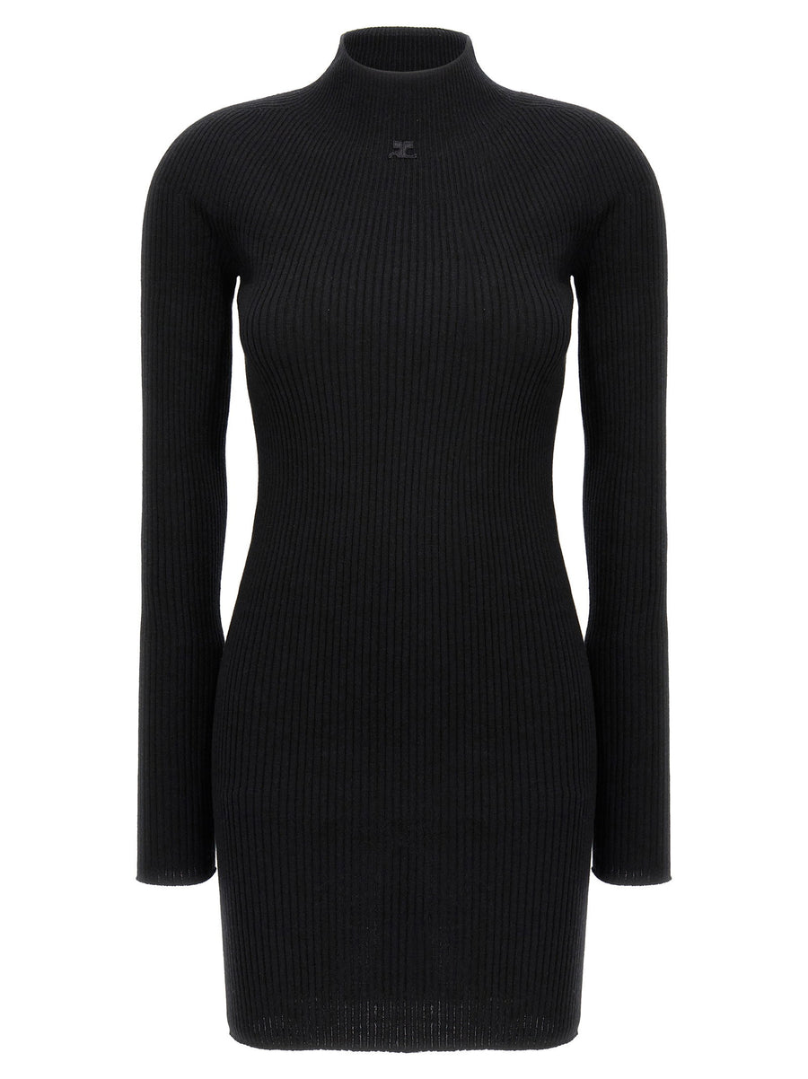 Courreges Solar Light Rib Dress For Women High Neck Minimalist Black Cotton Wool Blend Signature Logo
