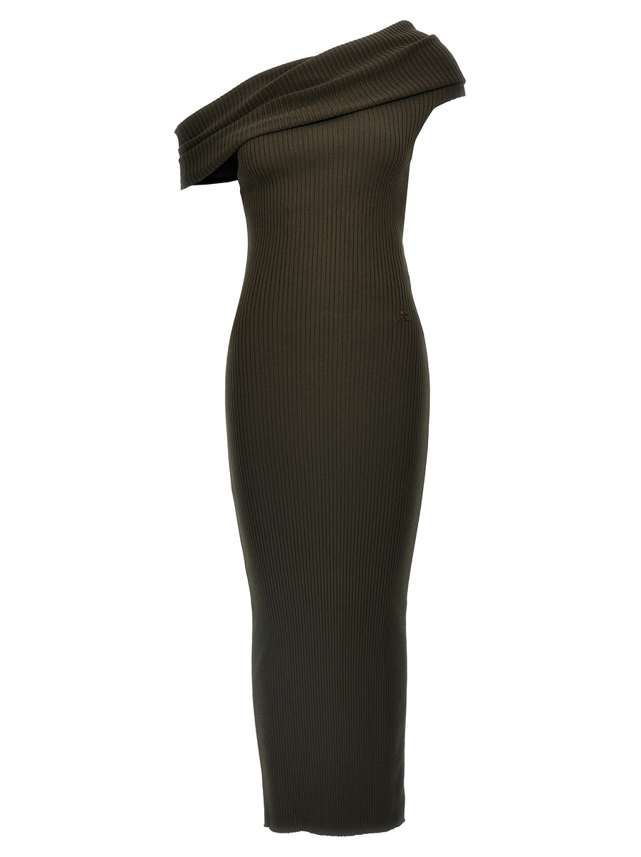 Courreges Twist Rib Knit One Shoulder Long Dress Brown Viscose Blend With Front Logo Embroidery For Women