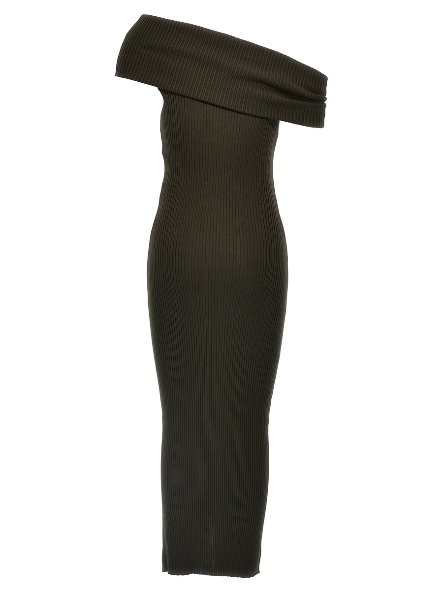 Courreges Twist Rib Knit One Shoulder Long Dress Brown Viscose Blend With Front Logo Embroidery For Women