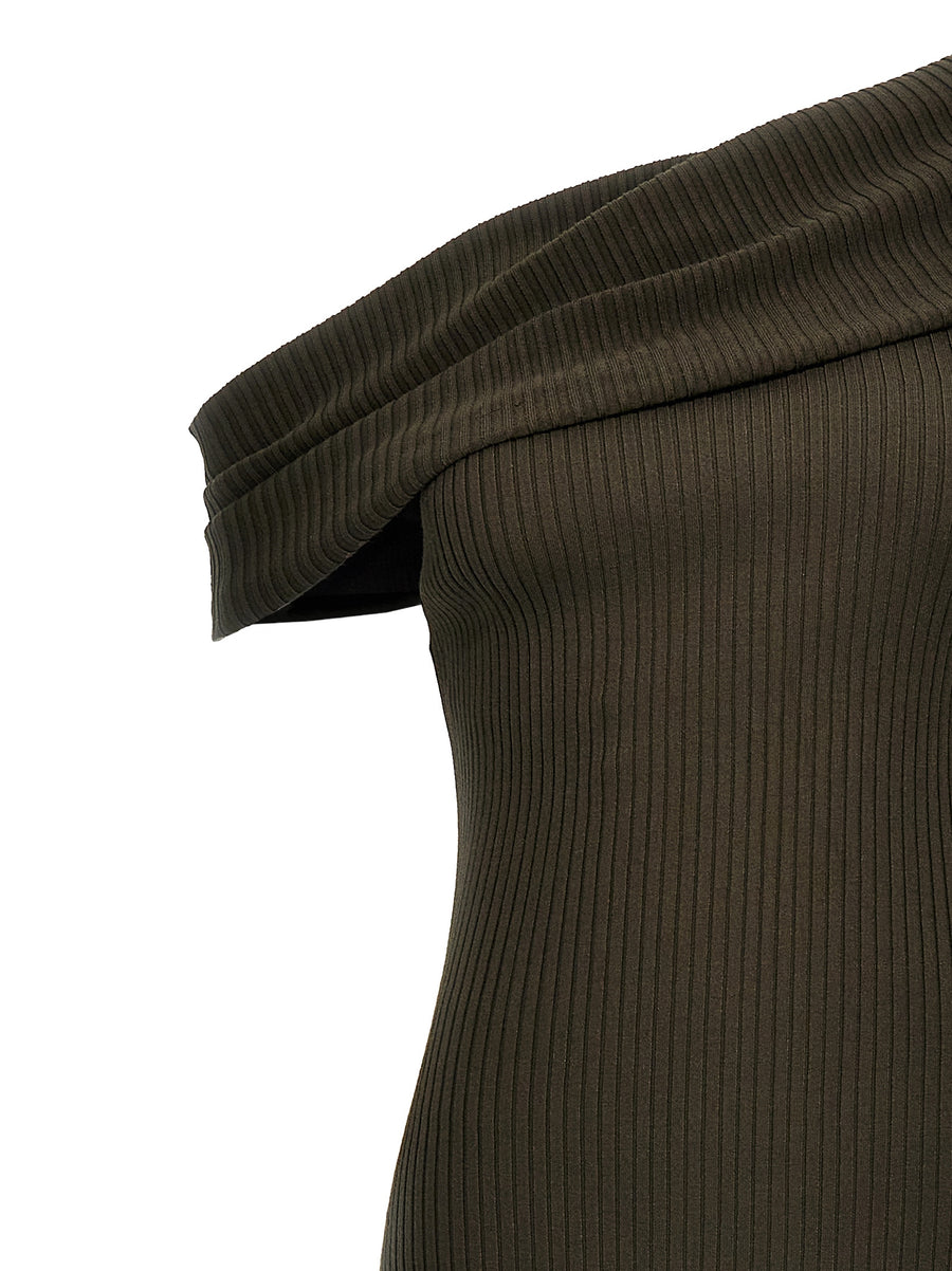 Courreges Twist Rib Knit One Shoulder Long Dress Brown Viscose Blend With Front Logo Embroidery For Women