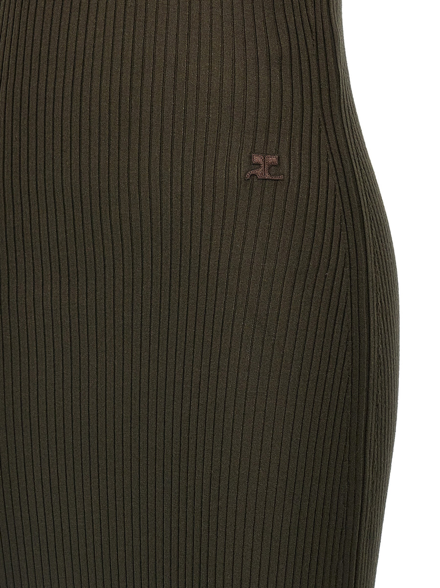 Courreges Twist Rib Knit One Shoulder Long Dress Brown Viscose Blend With Front Logo Embroidery For Women
