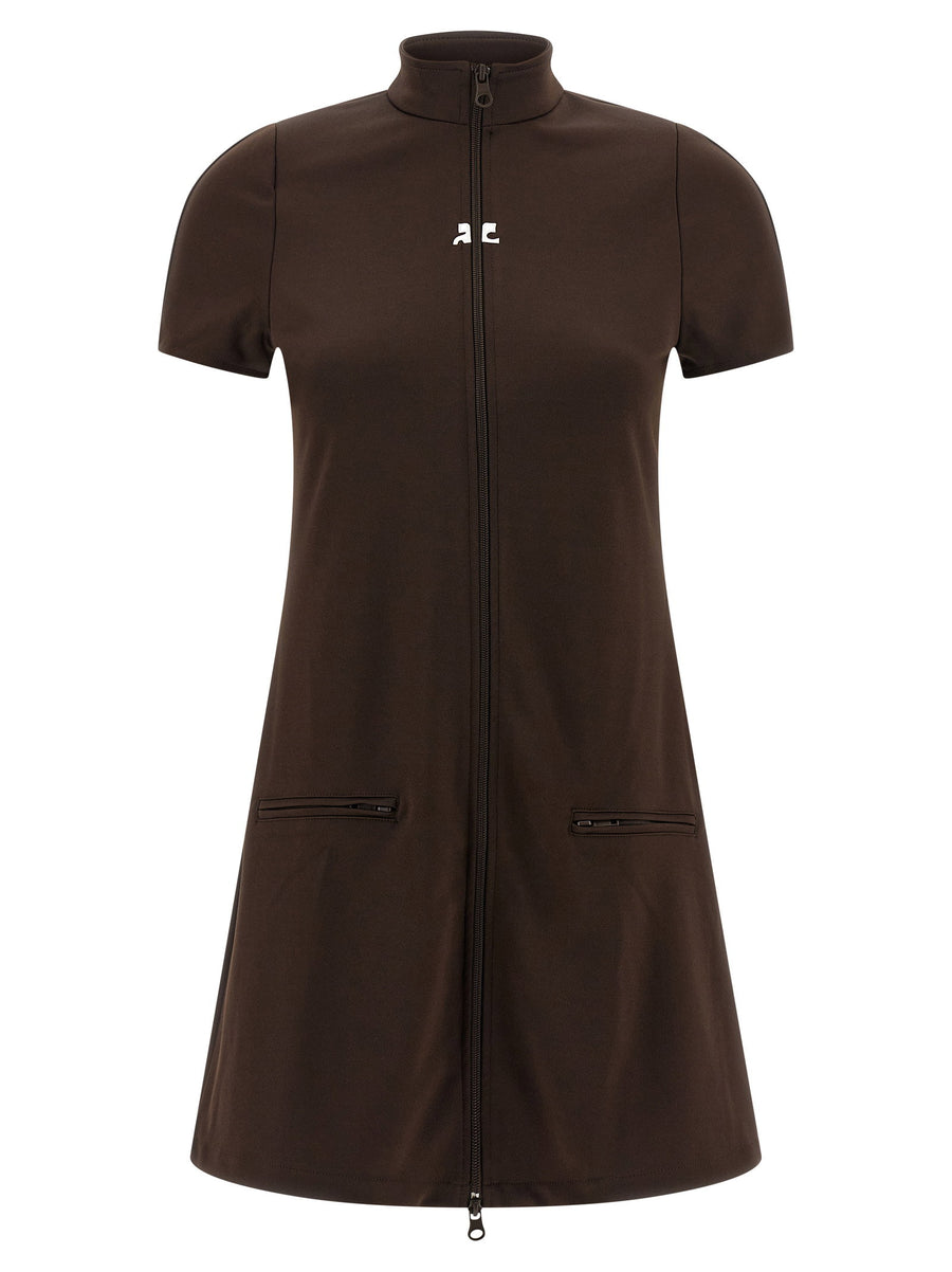 Courreges Brown Interlock Tracksuit Mini Dress For Women High Neck Front Zip Shiny Sporty Luxe Polyester
