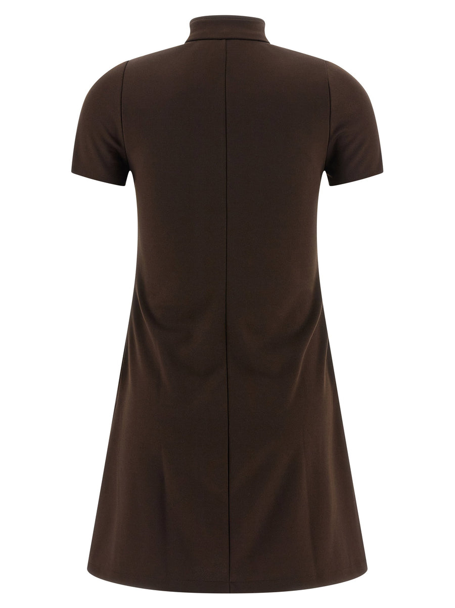 Courreges Brown Interlock Tracksuit Mini Dress For Women High Neck Front Zip Shiny Sporty Luxe Polyester