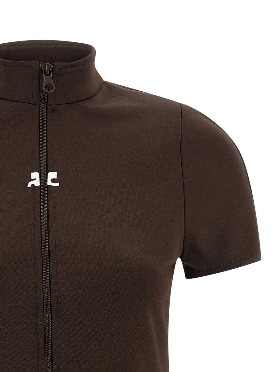 Courreges Brown Interlock Tracksuit Mini Dress For Women High Neck Front Zip Shiny Sporty Luxe Polyester