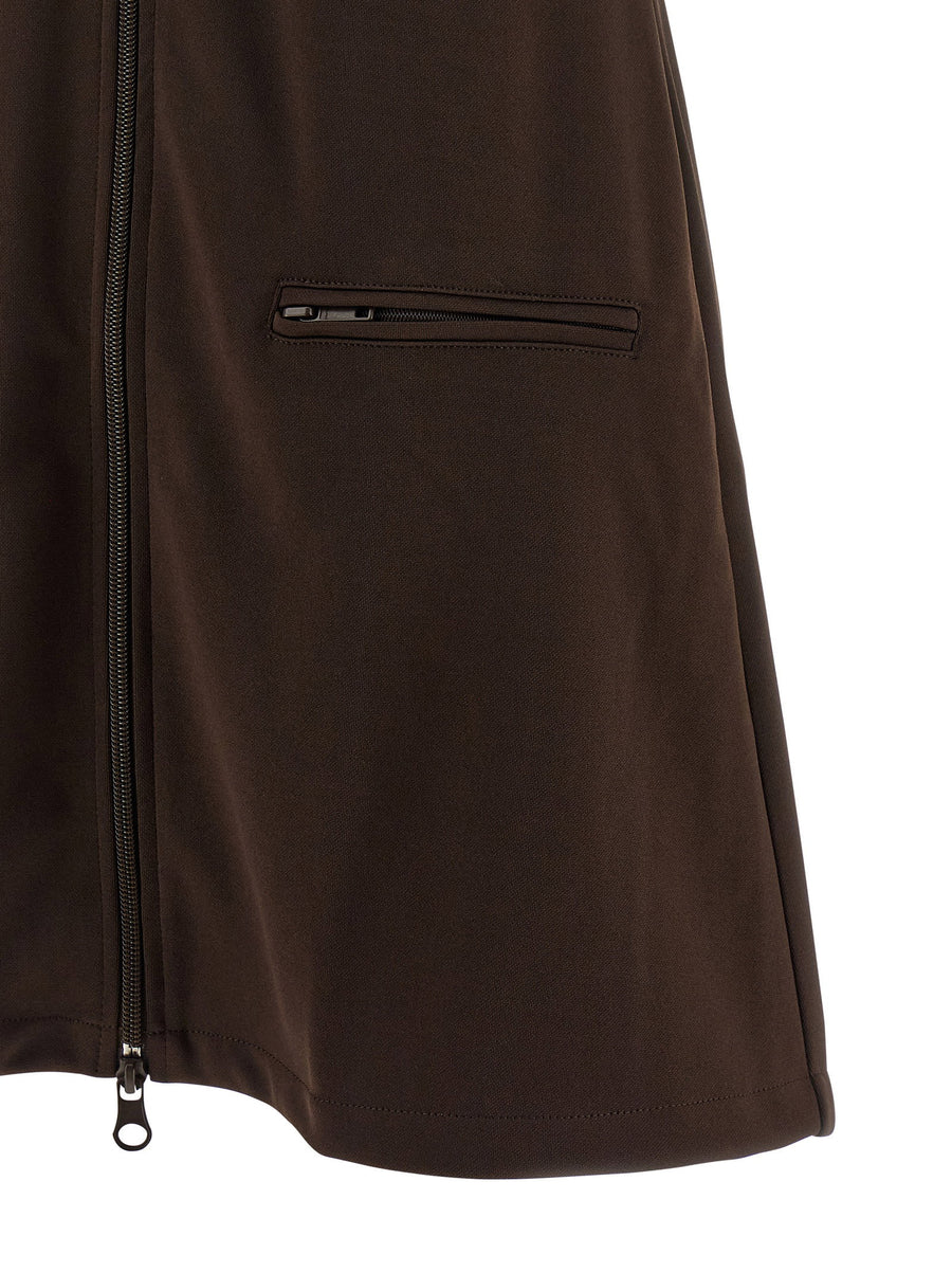 Courreges Brown Interlock Tracksuit Mini Dress For Women High Neck Front Zip Shiny Sporty Luxe Polyester