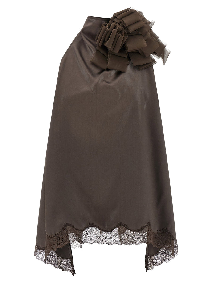 Magda Butrym Silk Satin Top 01 Brown With Lace Inserts And Removable Flower Clip