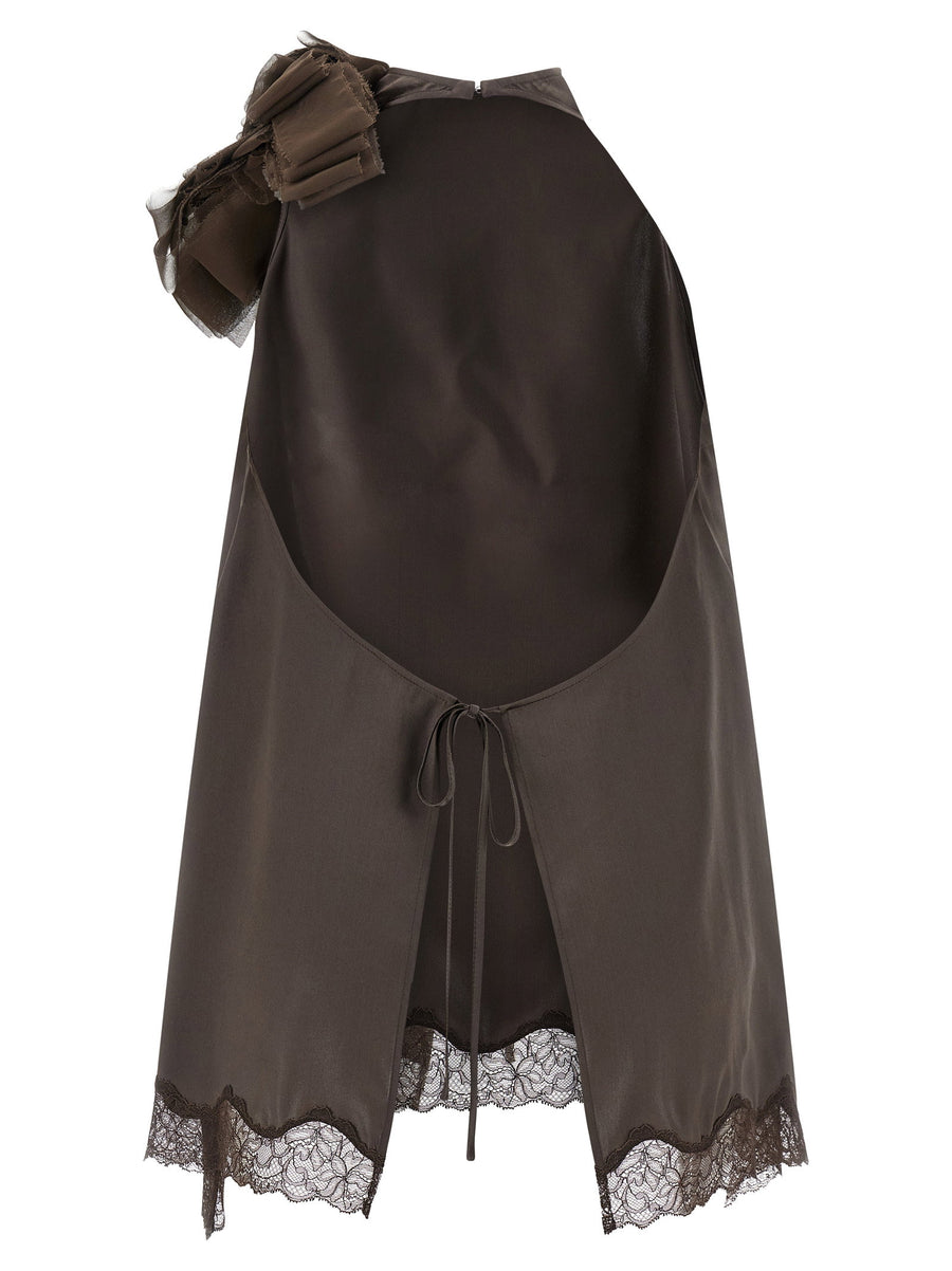 Magda Butrym Silk Satin Top 01 Brown With Lace Inserts And Removable Flower Clip