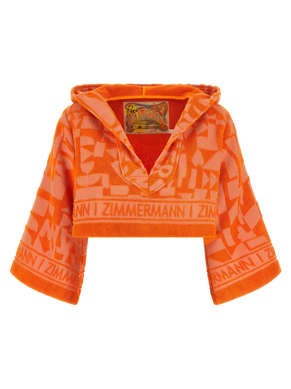 Zimmermann Solstice Hooded Cropped Jacquard Terry Top For Women Orange Vneck Relaxed Fit