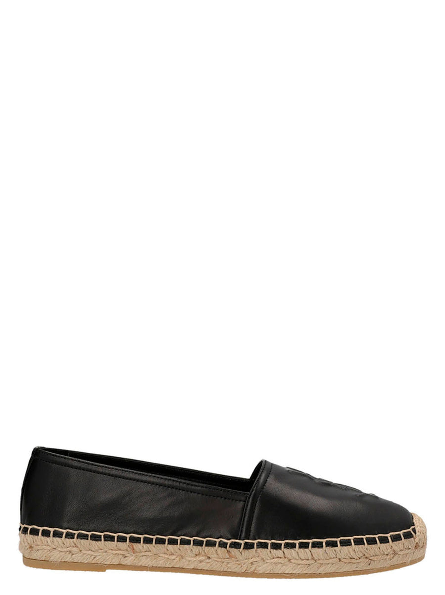 Saint Laurent Black Lamb Leather Logo Espadrilles Flat Shoes With Straw Midsole