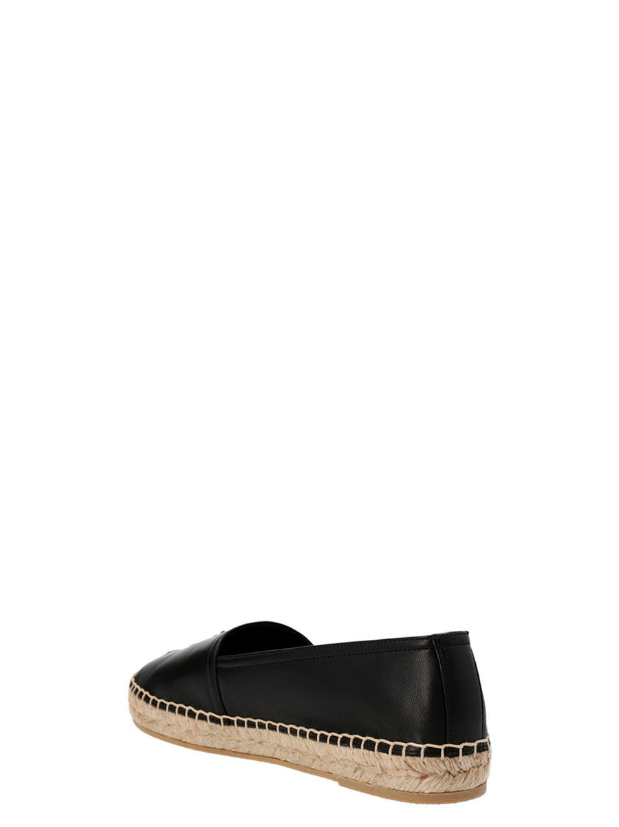 Saint Laurent Black Lamb Leather Logo Espadrilles Flat Shoes With Straw Midsole