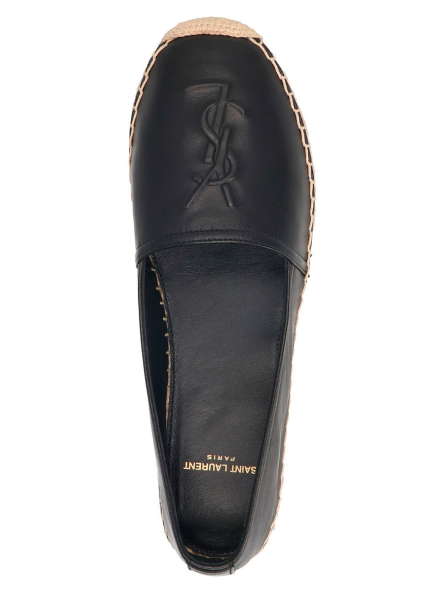 Saint Laurent Black Lamb Leather Logo Espadrilles Flat Shoes With Straw Midsole