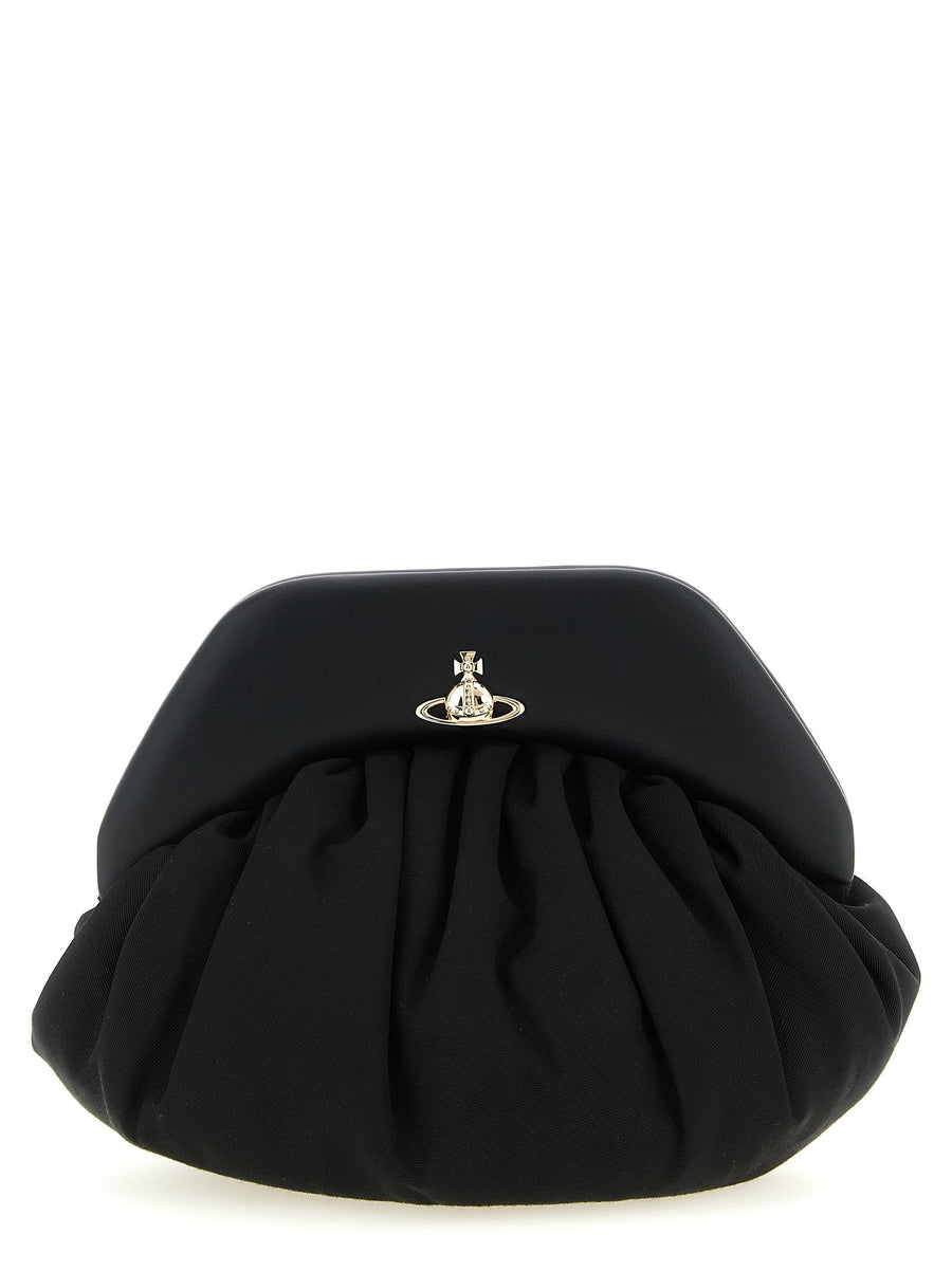 Vivienne Westwood Brooke Clutch For Women Black Crinkled Viscose Magnetic Closure Orb Detail Statement Evening Bag