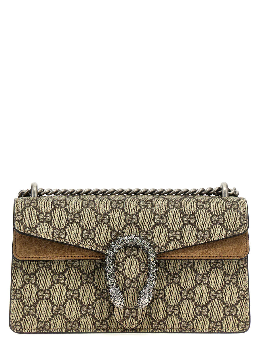Gucci Dionysus Midi Shoulder Bag For Women Luxe Beige Calf Leather With Multicolor Chain Strap And Rhinestone GG Buckle