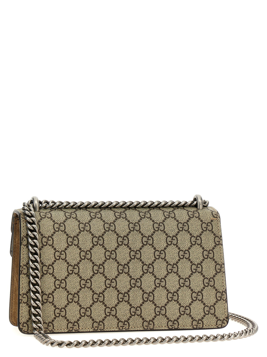 Gucci Dionysus Midi Shoulder Bag For Women Luxe Beige Calf Leather With Multicolor Chain Strap And Rhinestone GG Buckle
