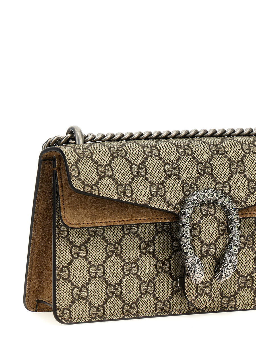 Gucci Dionysus Midi Shoulder Bag For Women Luxe Beige Calf Leather With Multicolor Chain Strap And Rhinestone GG Buckle