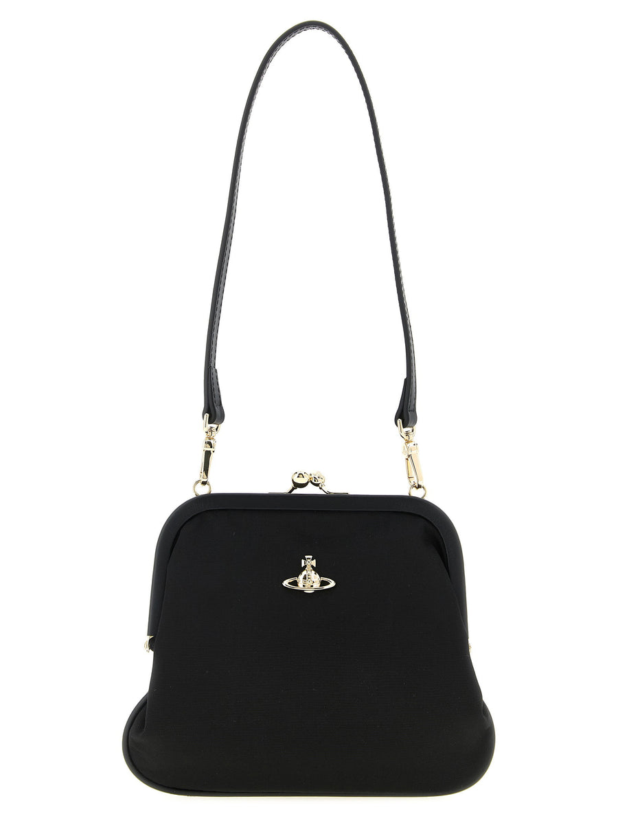 Vivienne Westwood Vivienne Clutch Black Tulle Effect Leather Details Orb Logo Removable Handle Women Evening Bag