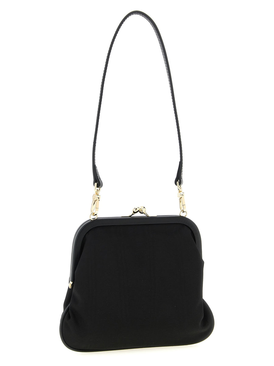 Vivienne Westwood Vivienne Clutch Black Tulle Effect Leather Details Orb Logo Removable Handle Women Evening Bag