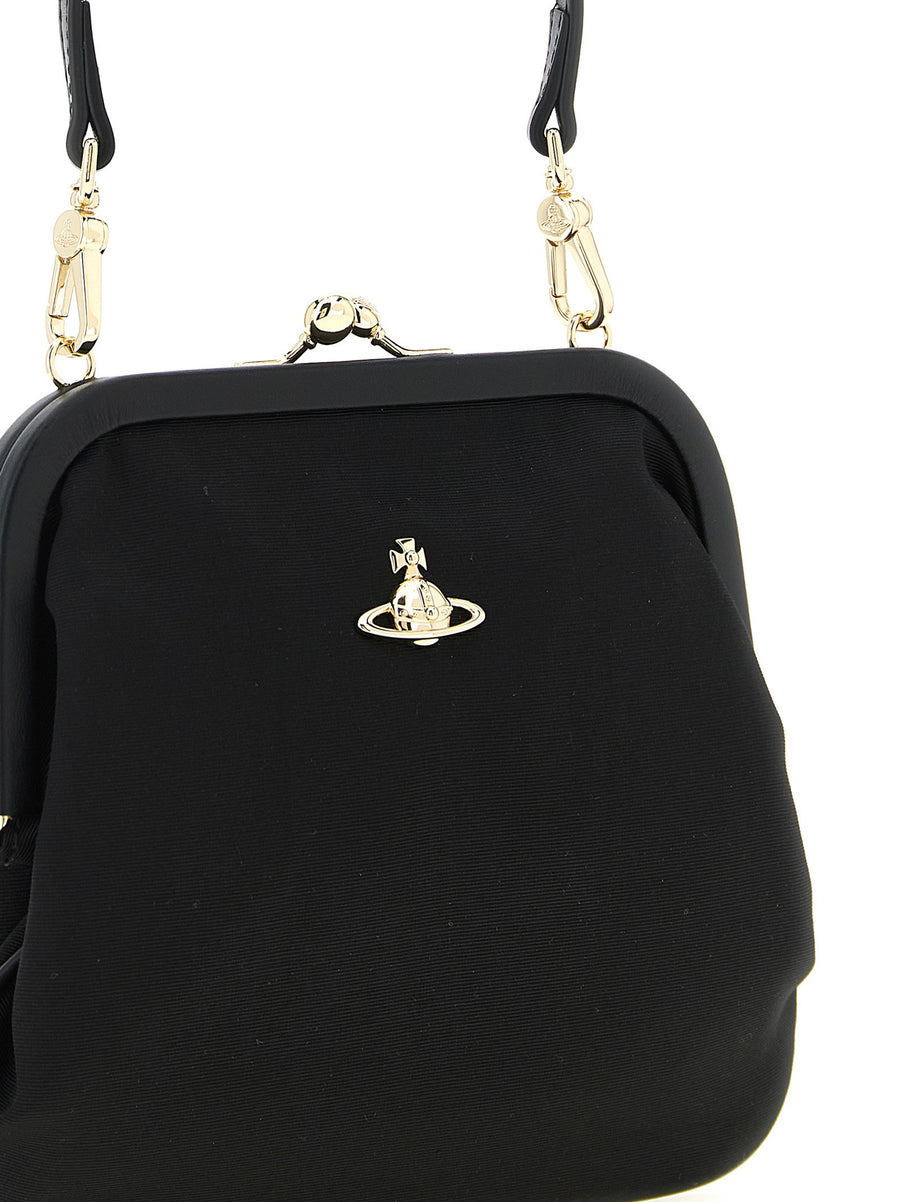 Vivienne Westwood Vivienne Clutch Black Tulle Effect Leather Details Orb Logo Removable Handle Women Evening Bag