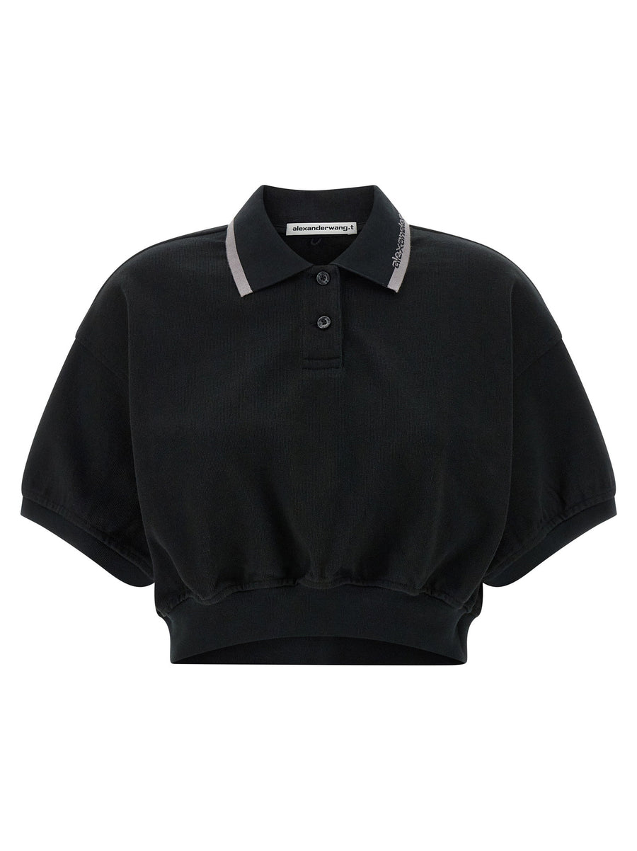 T By Alexander Wang Intarsia Collar Polo Shirt 100 Percent Cotton Black Crop
