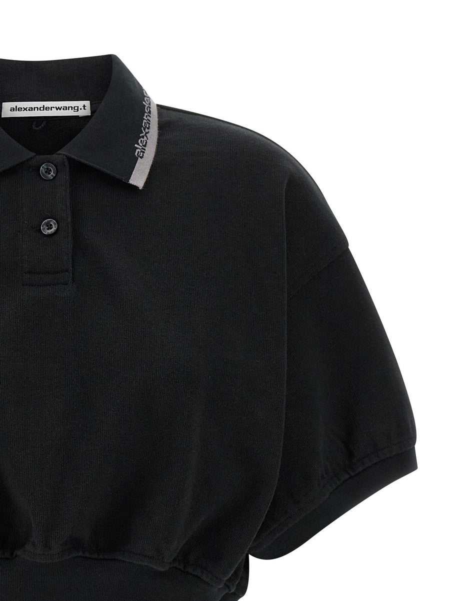 T By Alexander Wang Intarsia Collar Polo Shirt 100 Percent Cotton Black Crop