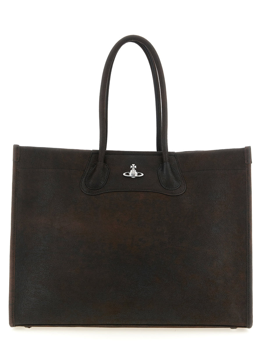 Vivienne Westwood Troy Leather Shopping Bag For Women, Luxurious Lamb Leather With Orb BasRelief Emblem