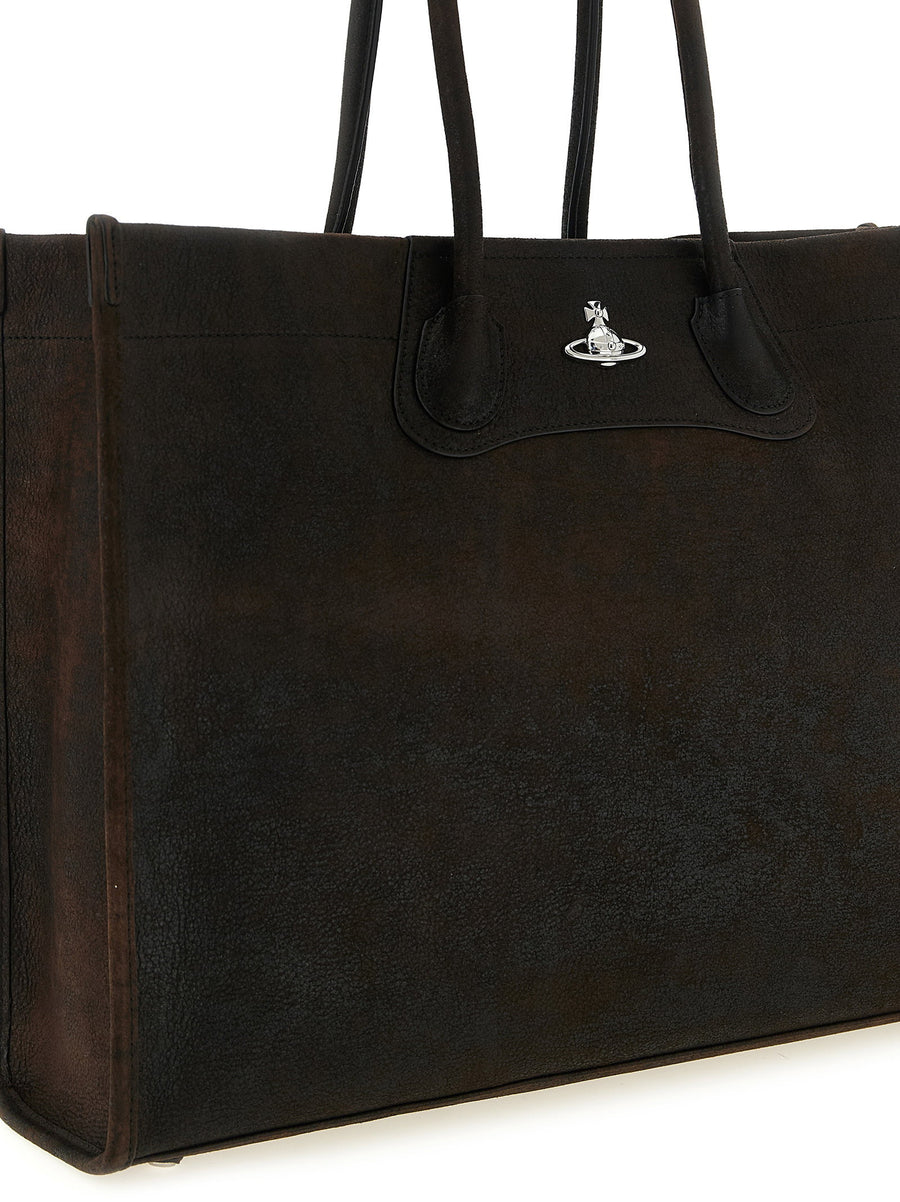 Vivienne Westwood Troy Leather Shopping Bag For Women, Luxurious Lamb Leather With Orb BasRelief Emblem