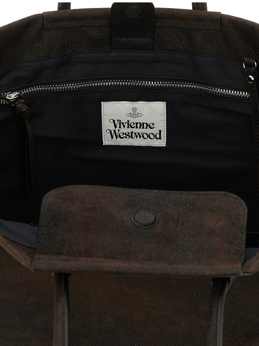 Vivienne Westwood Troy Leather Shopping Bag For Women, Luxurious Lamb Leather With Orb BasRelief Emblem