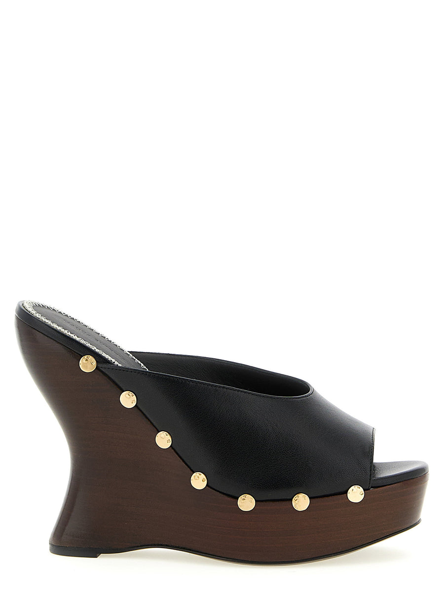 Magda Butrym Leather Mules Black Calfskin Open Toe Wooden Studded Wedge