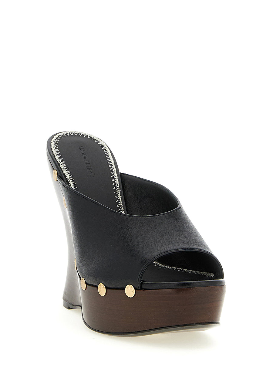Magda Butrym Leather Mules Black Calfskin Open Toe Wooden Studded Wedge