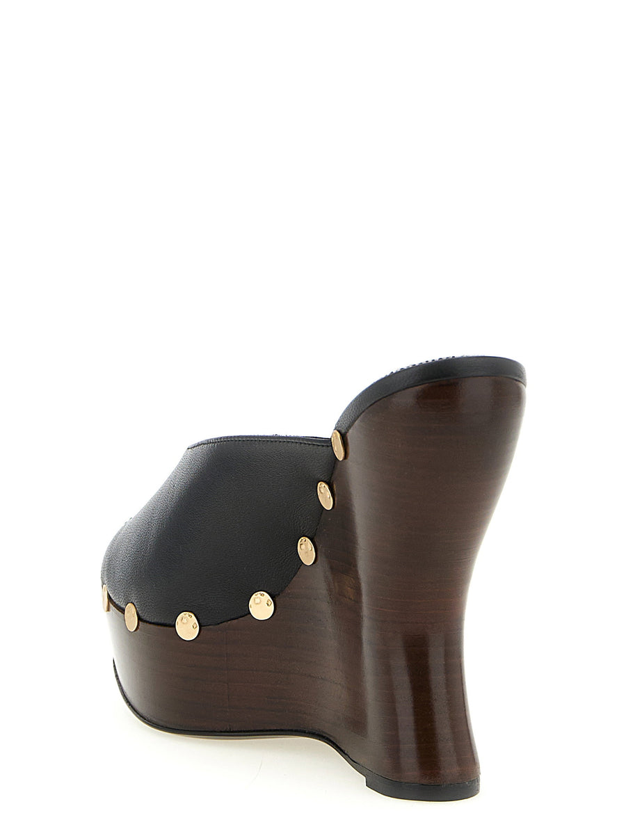 Magda Butrym Leather Mules Black Calfskin Open Toe Wooden Studded Wedge