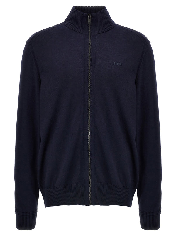 Hugo Boss Balonso-l Blue Wool Cardigan With Front Logo Embroidery Zip Closure