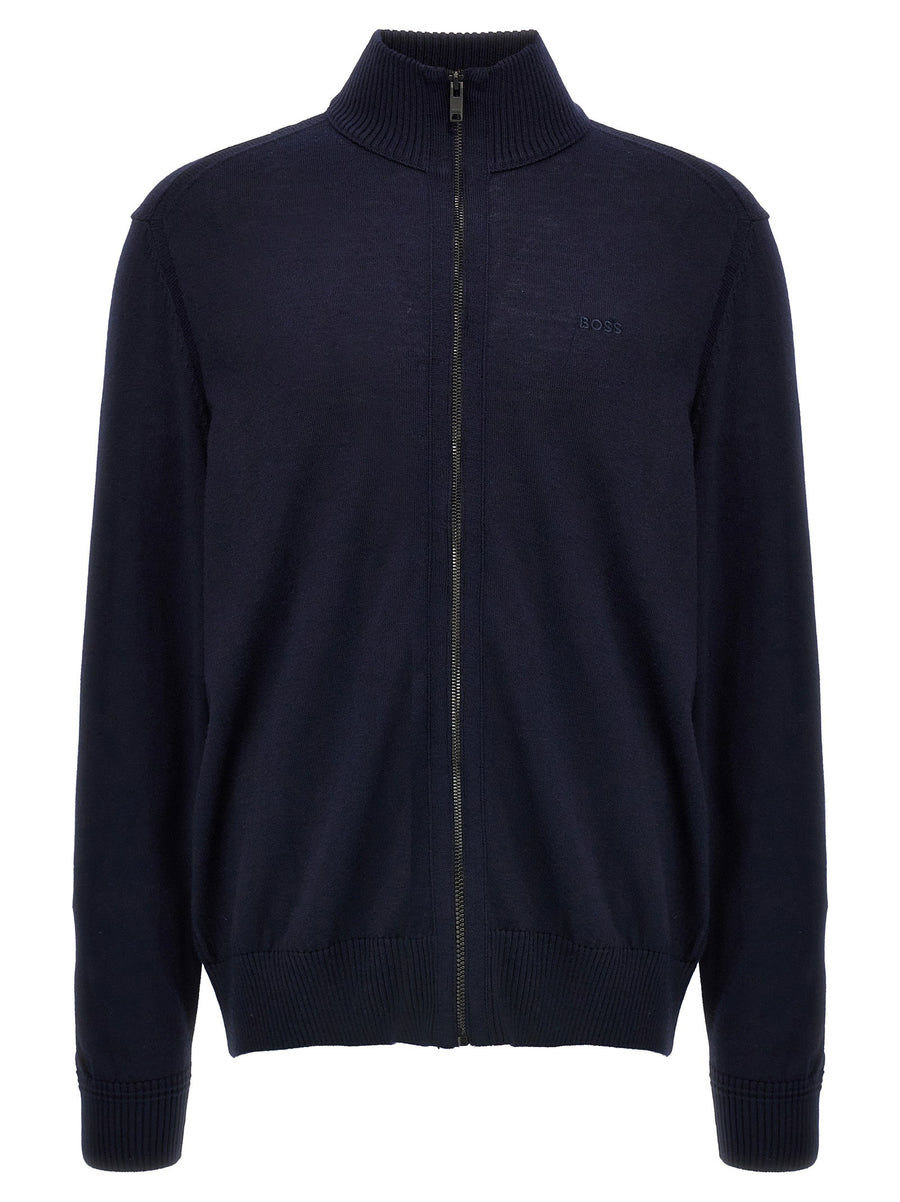 Hugo Boss Balonso-l Blue Wool Cardigan With Front Logo Embroidery Zip Closure