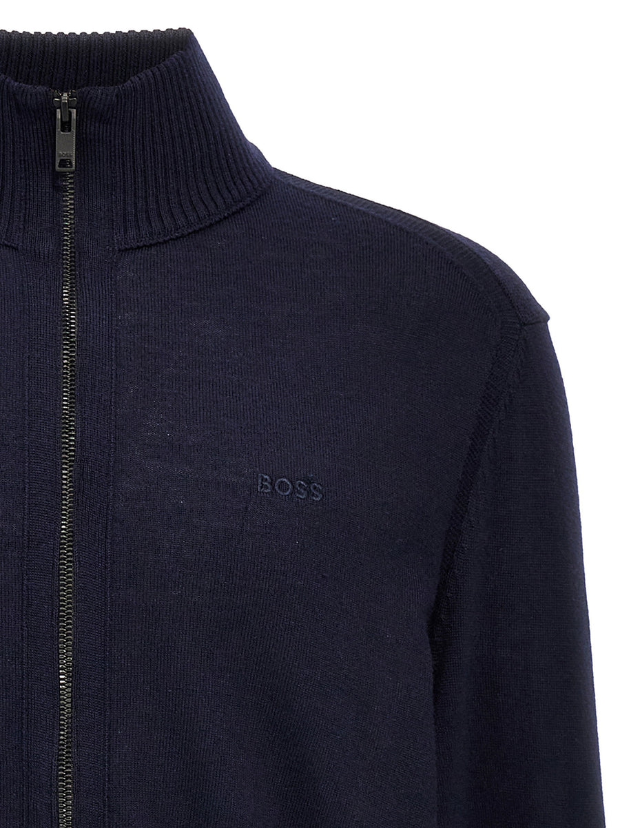 Hugo Boss Balonso-l Blue Wool Cardigan With Front Logo Embroidery Zip Closure